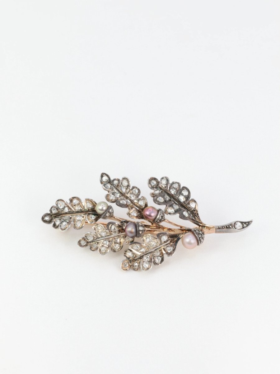 Broche victorienne feuille en or, argent diamants et perles fines - circa 1880 - Castafiore