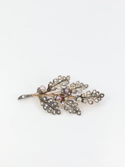 Broche victorienne feuille en or, argent diamants et perles fines - circa 1880 - Castafiore