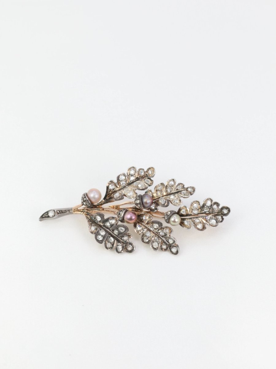 Broche victorienne feuille en or, argent diamants et perles fines - circa 1880 - Castafiore