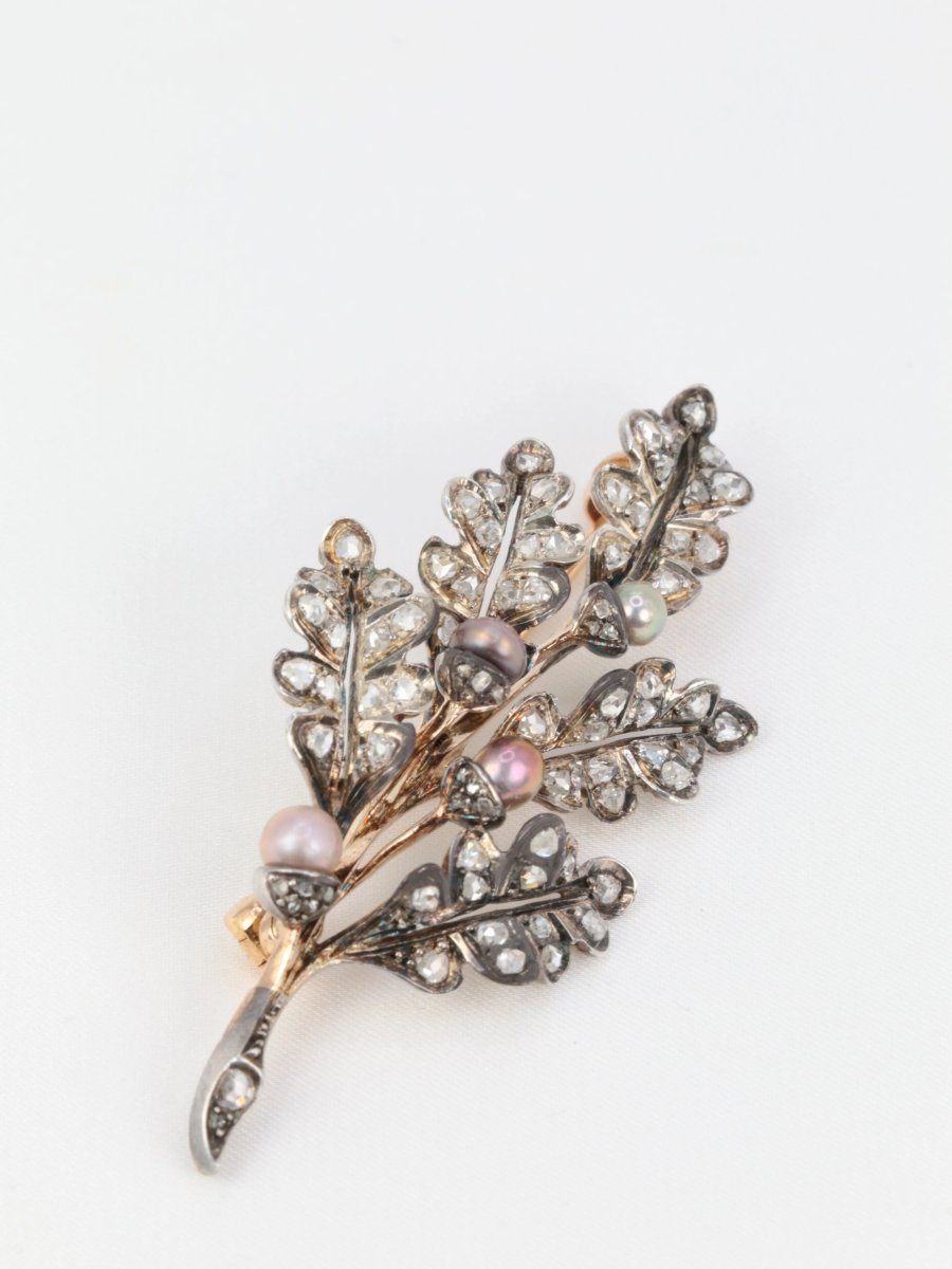 Broche victorienne feuille en or, argent diamants et perles fines - circa 1880 - Castafiore
