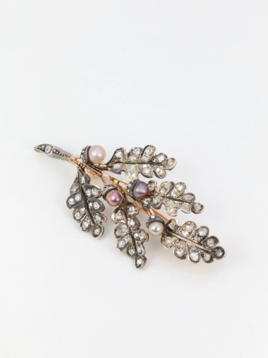 Broche victorienne feuille en or, argent diamants et perles fines - circa 1880 - Castafiore