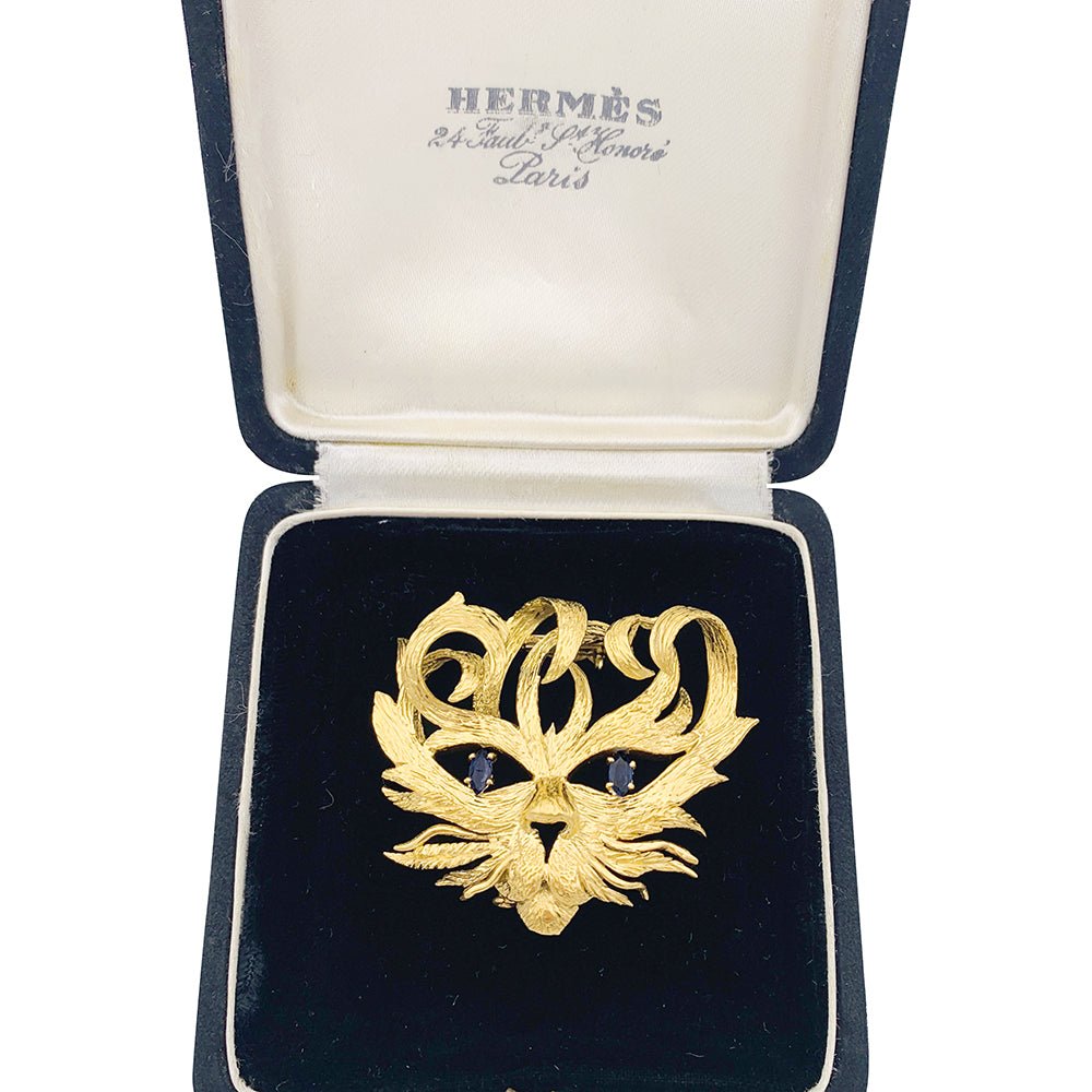 Broche vintage Hermès, "Mistigri", or jaune, saphirs. - Castafiore