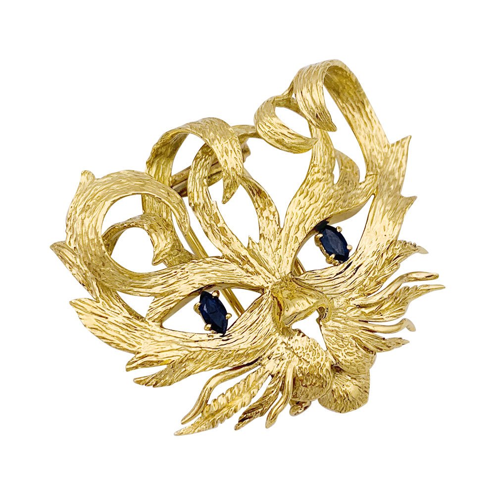 Broche vintage Hermès, "Mistigri", or jaune, saphirs. - Castafiore
