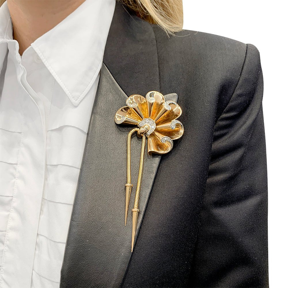 Broche vintage or rose, platine et diamants - Castafiore