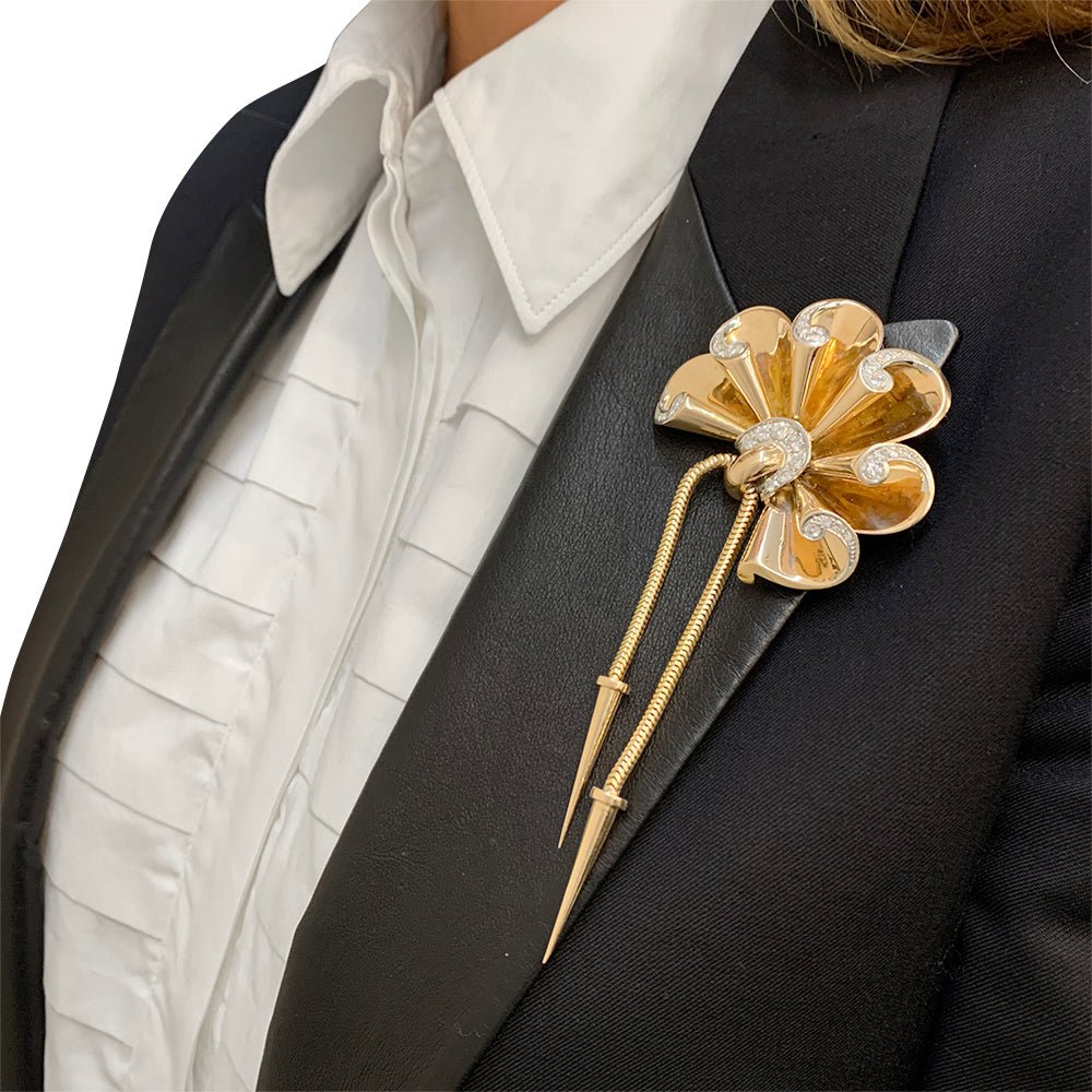 Broche vintage or rose, platine et diamants - Castafiore