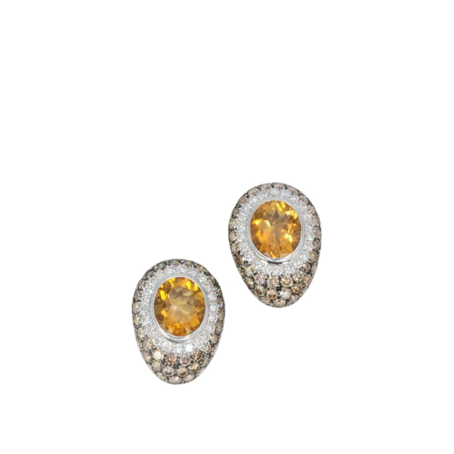 Clips d’oreilles vintage en or, citrines, diamants blancs et champagne - Castafiore