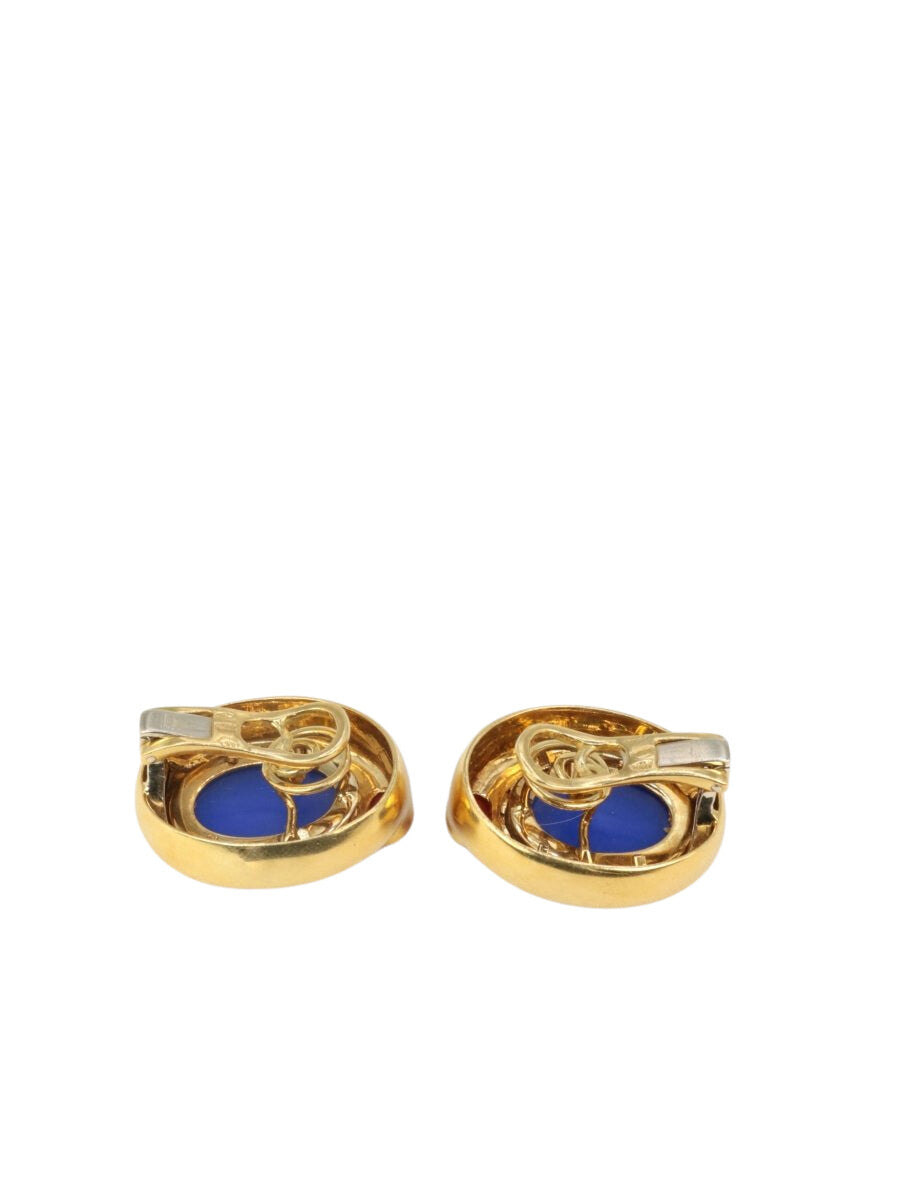 Clips d’oreilles vintage en or, intaille en verre bleu et cornaline - Castafiore