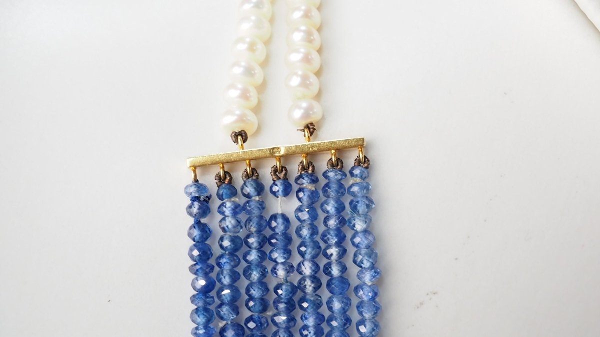 Collier 7 rangs de saphirs or jaune et perles de culture - Castafiore