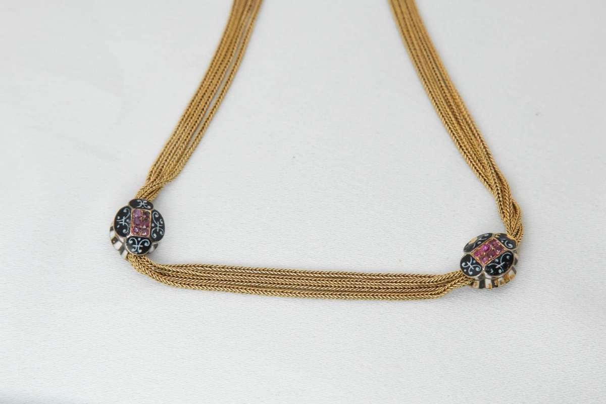 Collier ancien - Chaîne giletière en or, émail et rubis - Castafiore