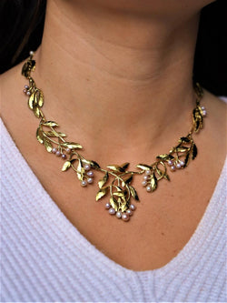 Collier Art nouveau feuillage en or jaune et perles - Castafiore