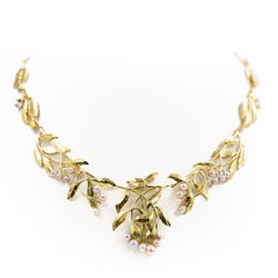 Collier Art nouveau feuillage en or jaune et perles - Castafiore