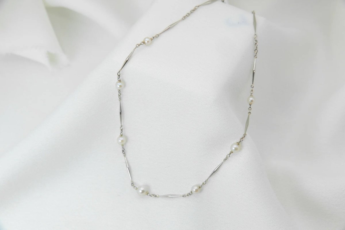 Collier chaîne vintage en bâtonnets d’or et perles - Castafiore