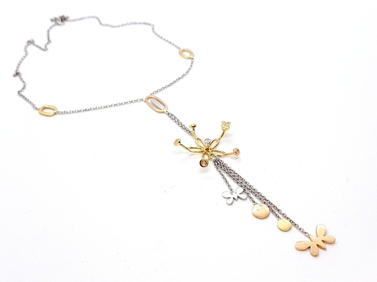 Collier Cravate fleurs et papillons en 3 ors et diamants - Castafiore