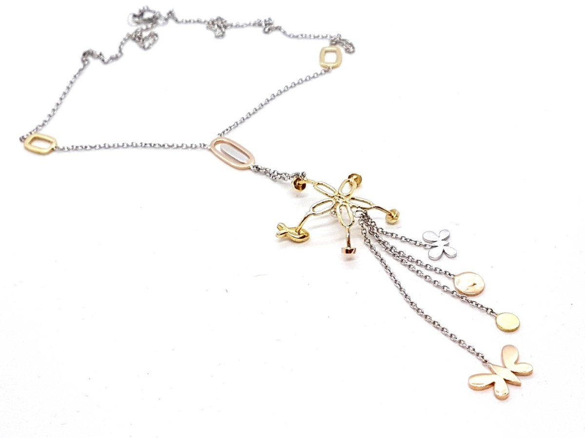 Collier Cravate fleurs et papillons en 3 ors et diamants - Castafiore