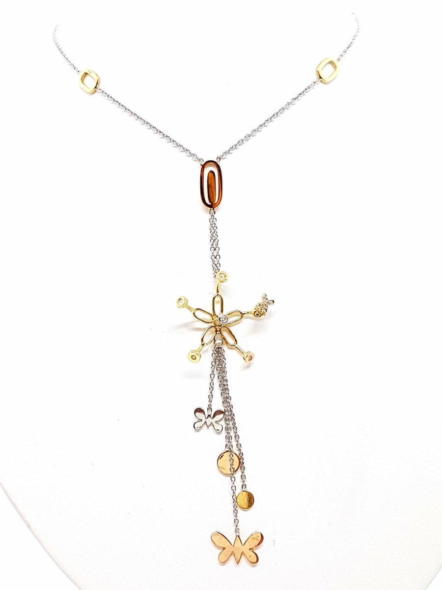 Collier Cravate fleurs et papillons en 3 ors et diamants - Castafiore