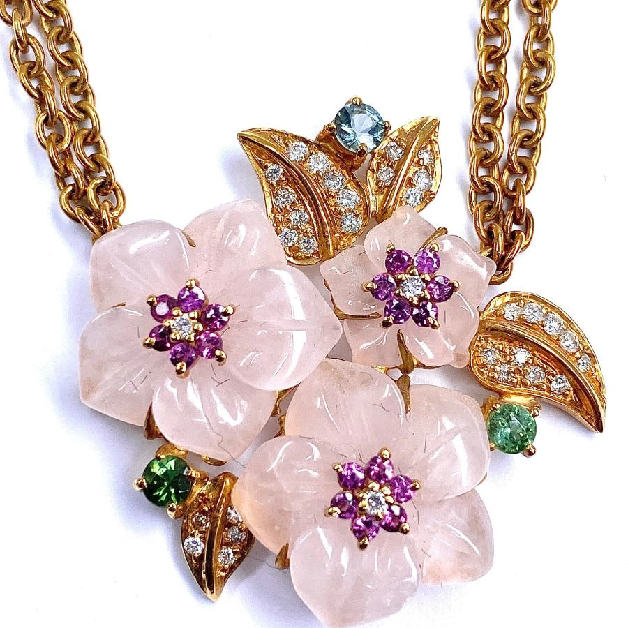 Collier en or 18 carats orné de 3 fleurs en quartz et feuilles en diamants - Castafiore
