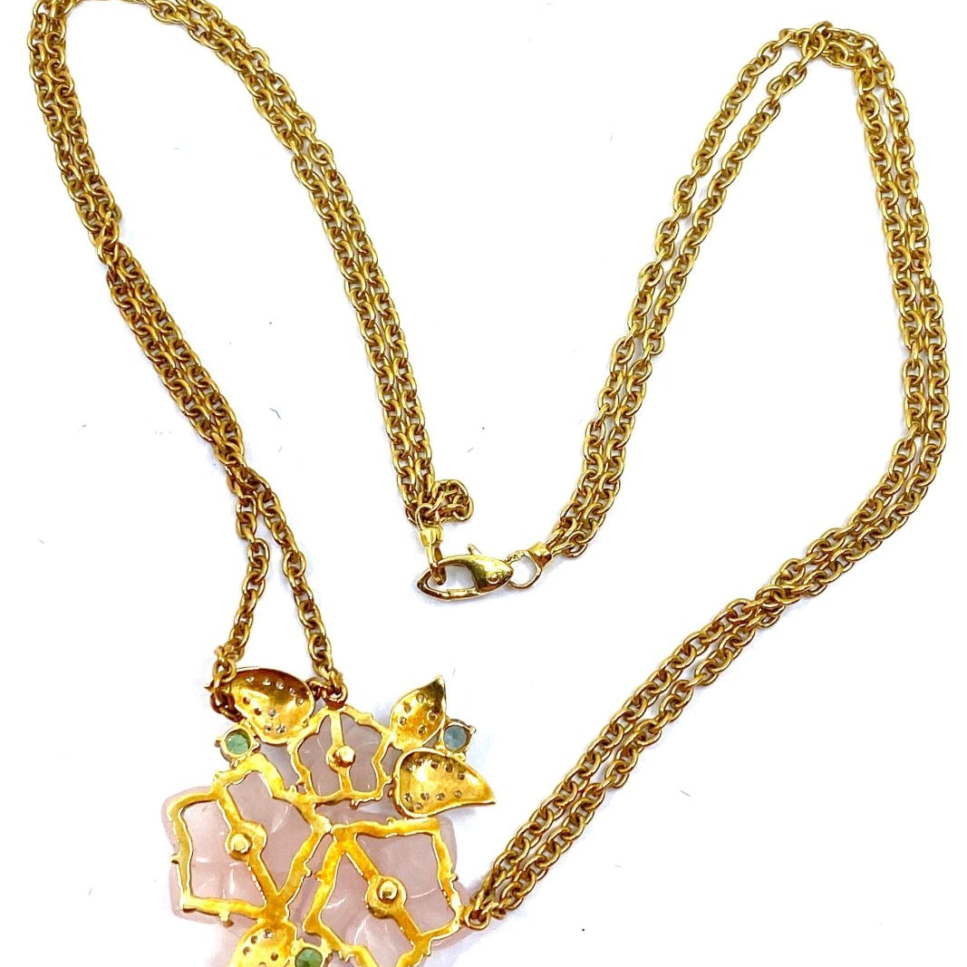 Collier en or 18 carats orné de 3 fleurs en quartz et feuilles en diamants - Castafiore