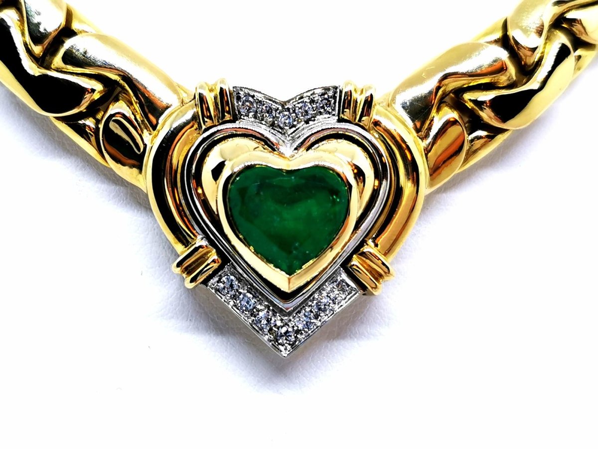 Collier massif coeur en 2 ors et émeraude - Castafiore