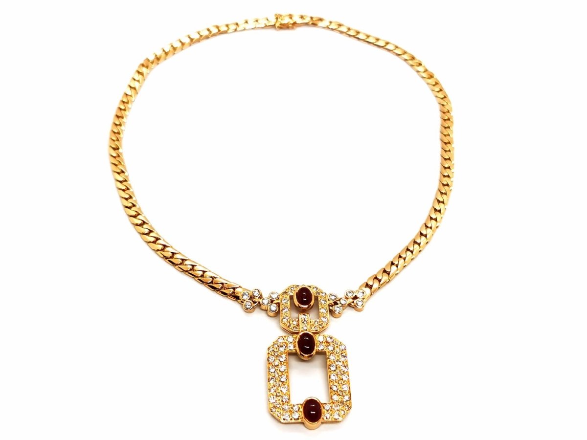 Vintage Fred Paris 18K Gold Pearl, Ruby, and Diamond Heart Necklace