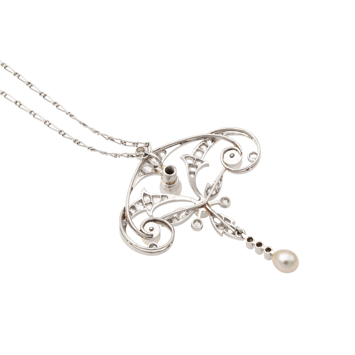 Collier Pendentif Maille cheval en platine, perles et diamants - Castafiore
