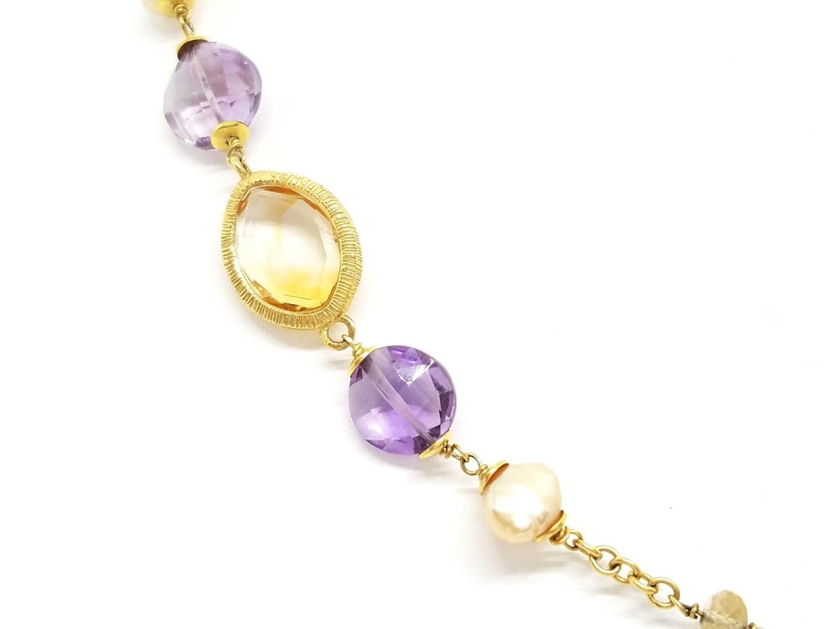 Collier Sautoir en or jaune, perles, citrines et améthystes - Castafiore