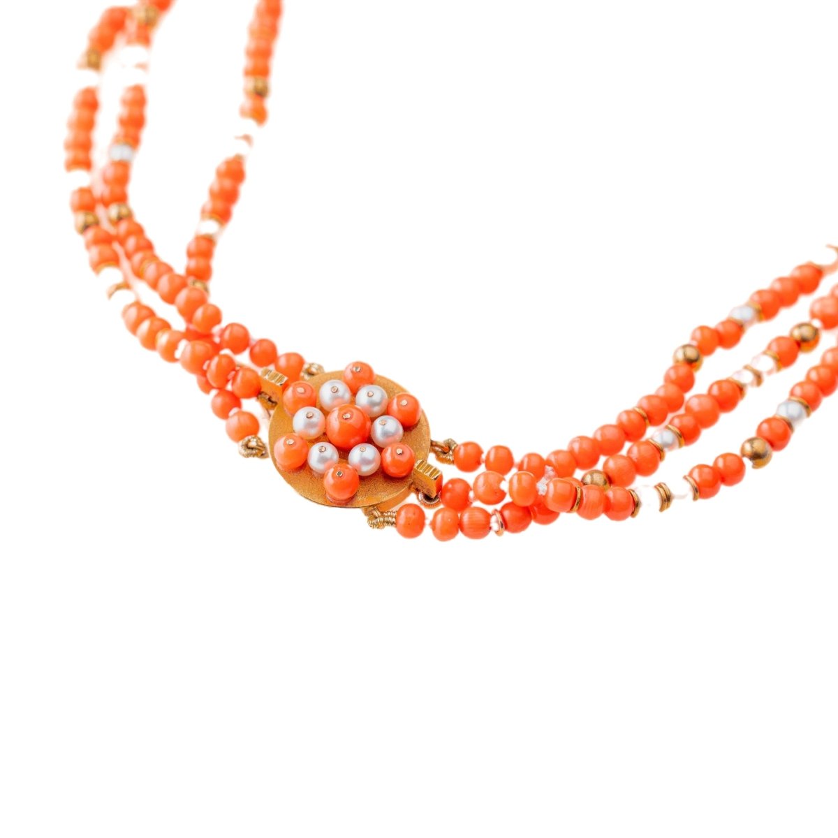 Collier trois rangs de perles de corail et perles de culture - Castafiore