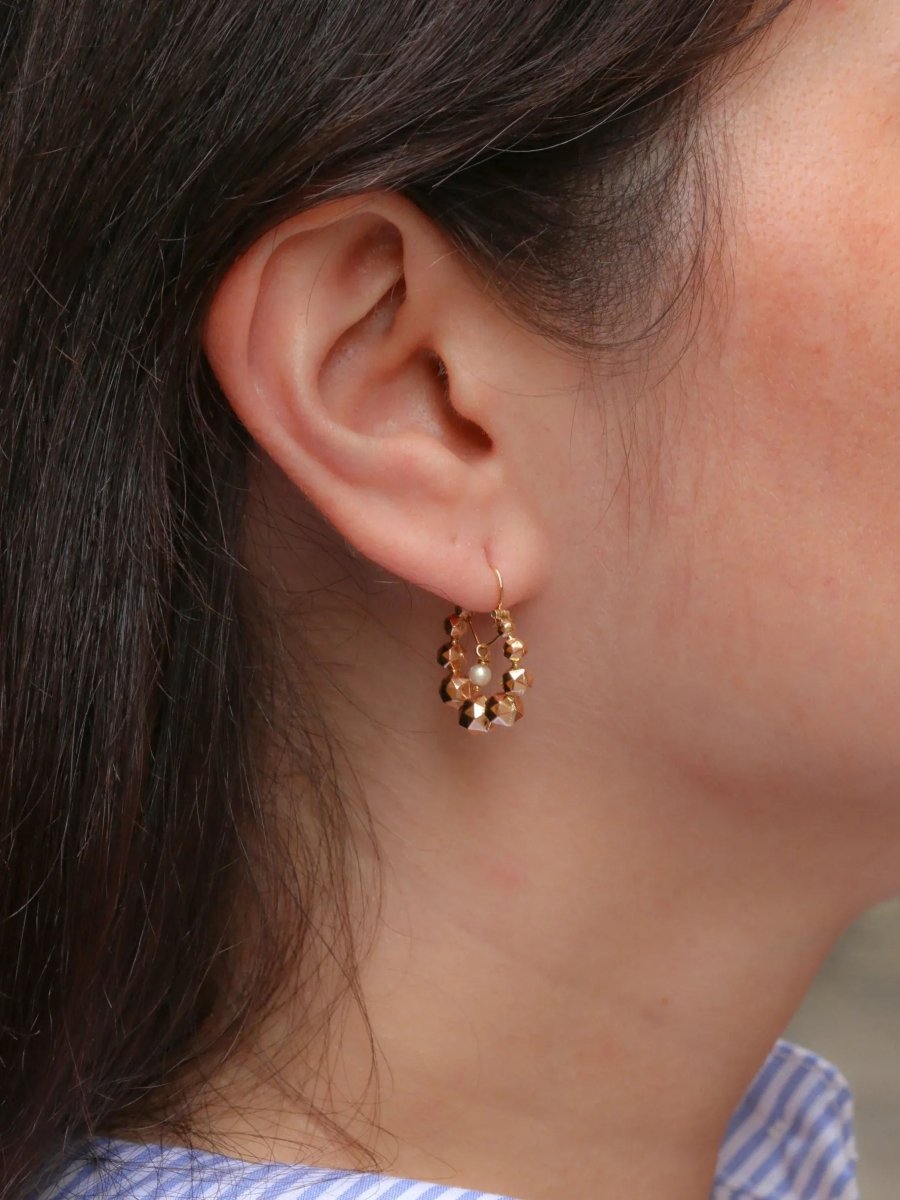 Créoles vintage boule à facettes en or jaune et perles - Castafiore