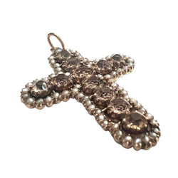 CRUZ ANTIGUA de ORO 18 kts con PERLAS y CUARZO - Castafiore