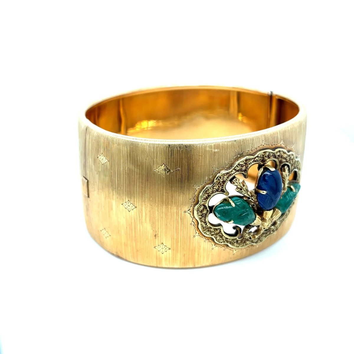 Mario Buccellati Tutti Frutti Sapphire Emerald 1960 Gold Cuff Bracelet - Castafiore