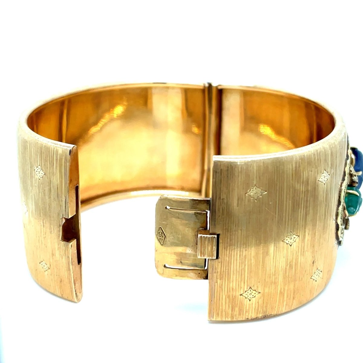 Mario Buccellati Tutti Frutti Sapphire Emerald 1960 Gold Cuff Bracelet - Castafiore