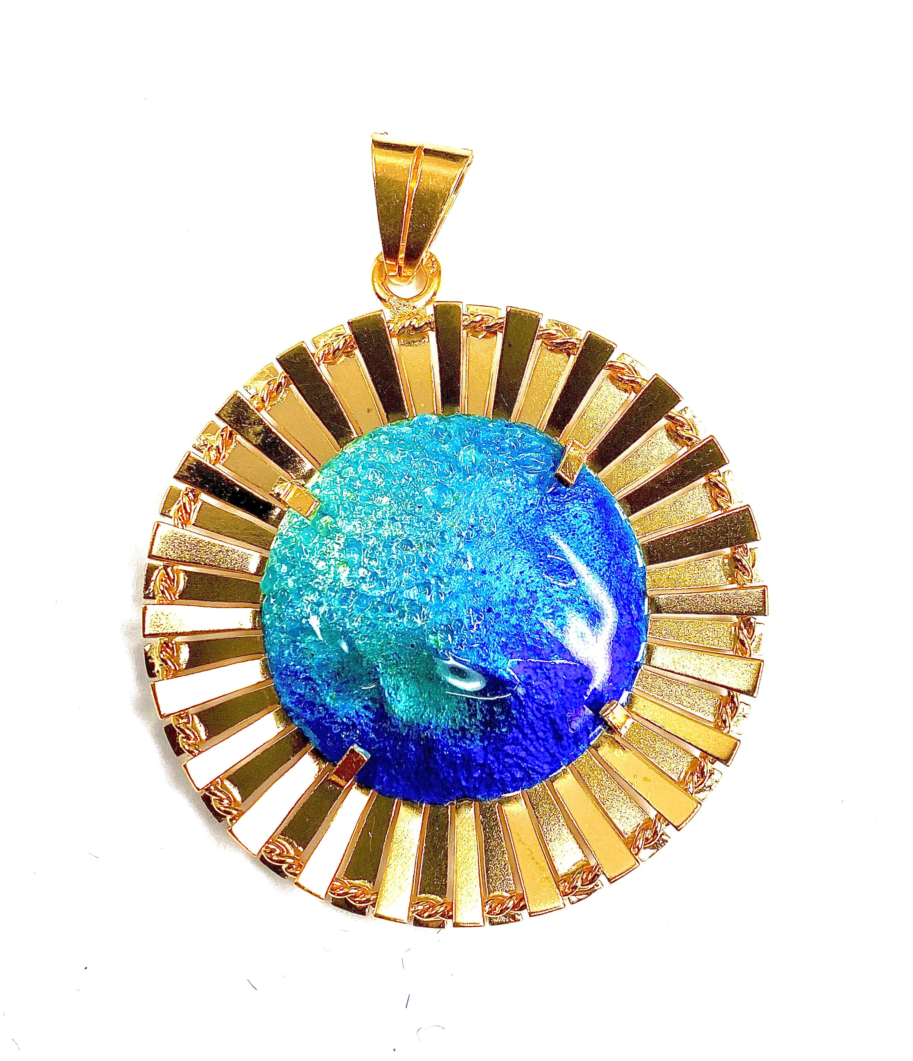 Pendentif soleil en or 18 carats : émail bleu limoges H .MARTY