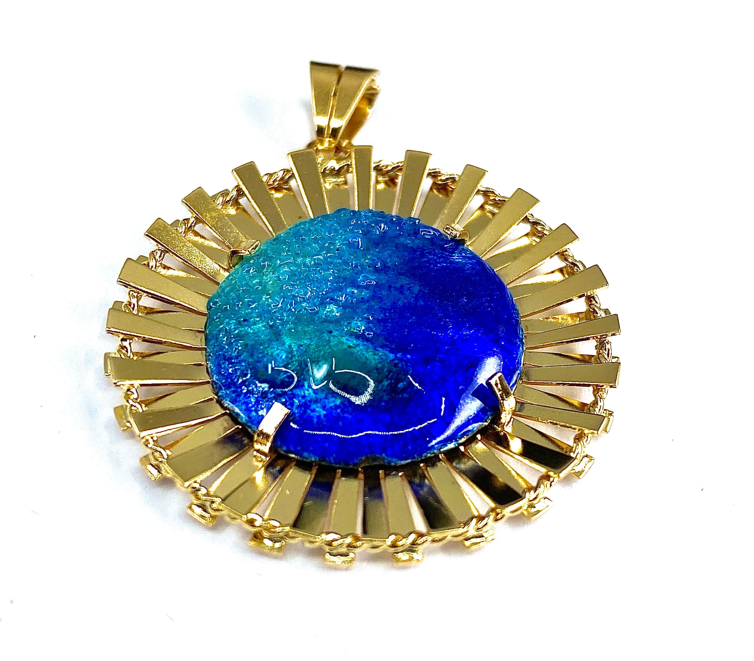 Pendentif soleil en or 18 carats : émail bleu limoges H .MARTY