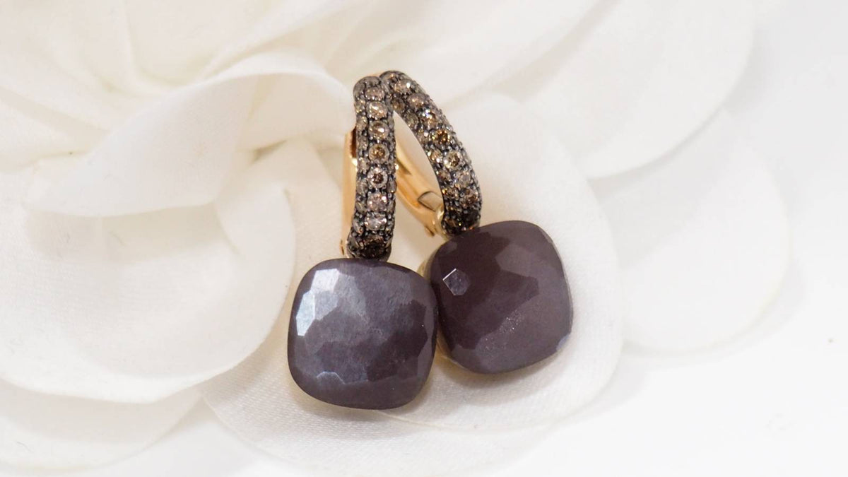 Boucles d'oreilles Pomellato en or rose, pierre de Lune et diamants bruns