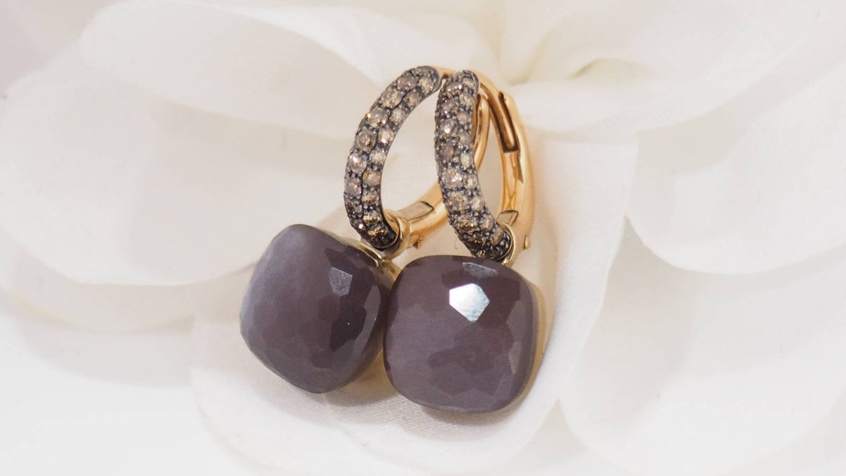 Boucles d'oreilles Pomellato en or rose, pierre de Lune et diamants bruns
