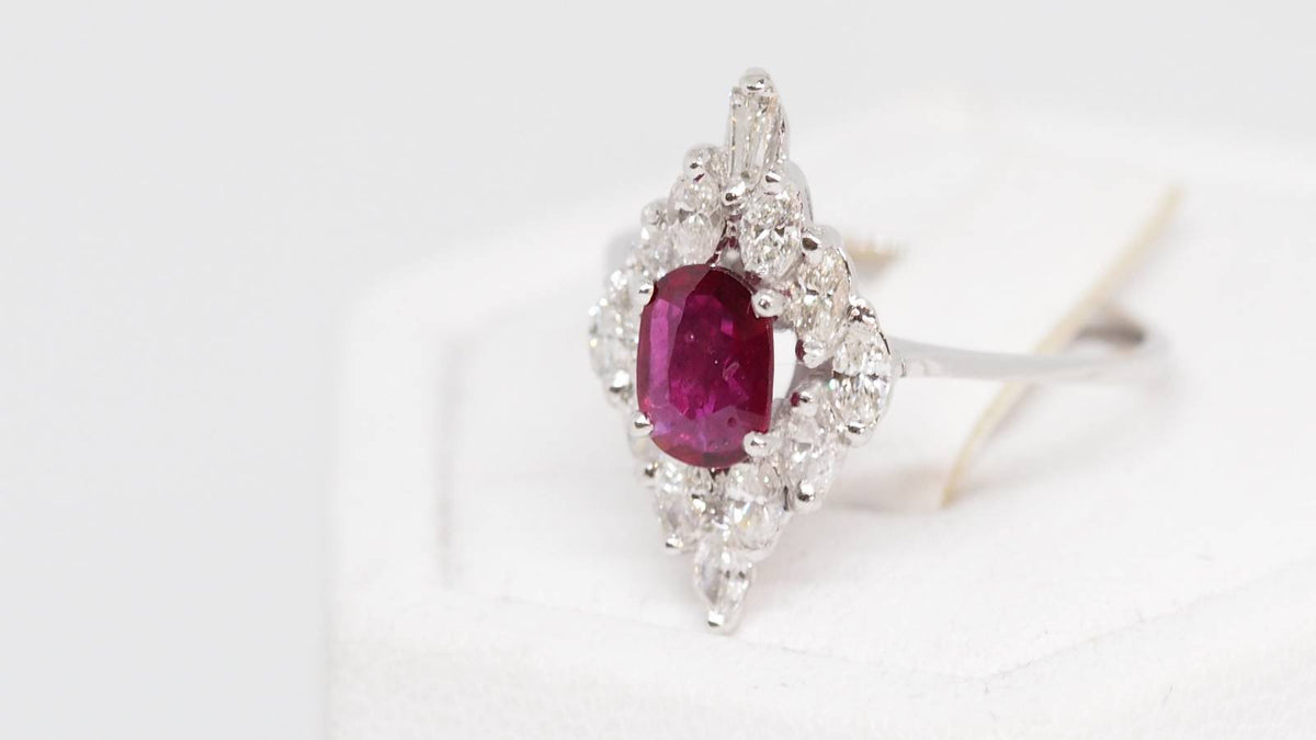 Marquise ring in white gold, rubies and diamonds 