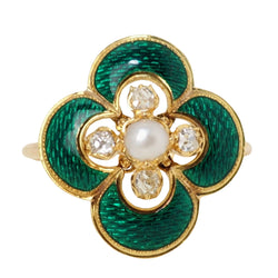 Bague ancienne en or jaune, perle et diamants