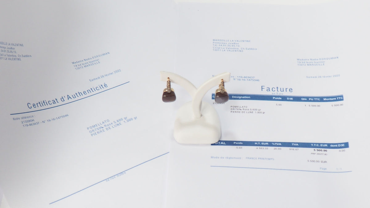 Pomellato earrings in pink gold, moonstone and brown diamonds 