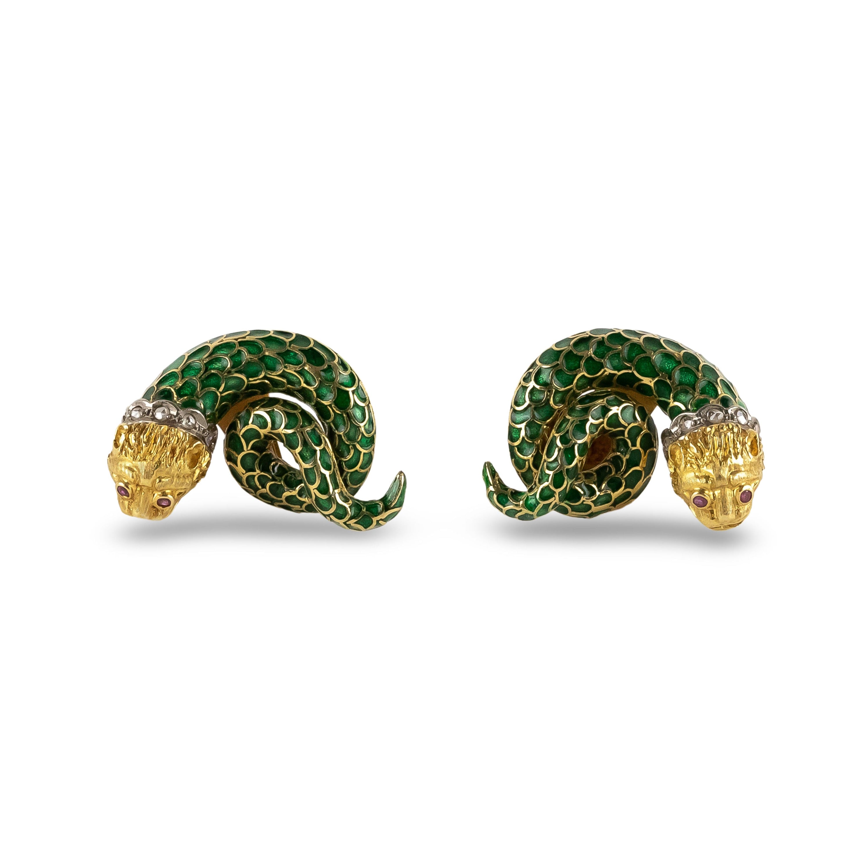Boucles d'oreilles Clip LALAOUNIS Serpents en or jaune, émail, rubis et diamants