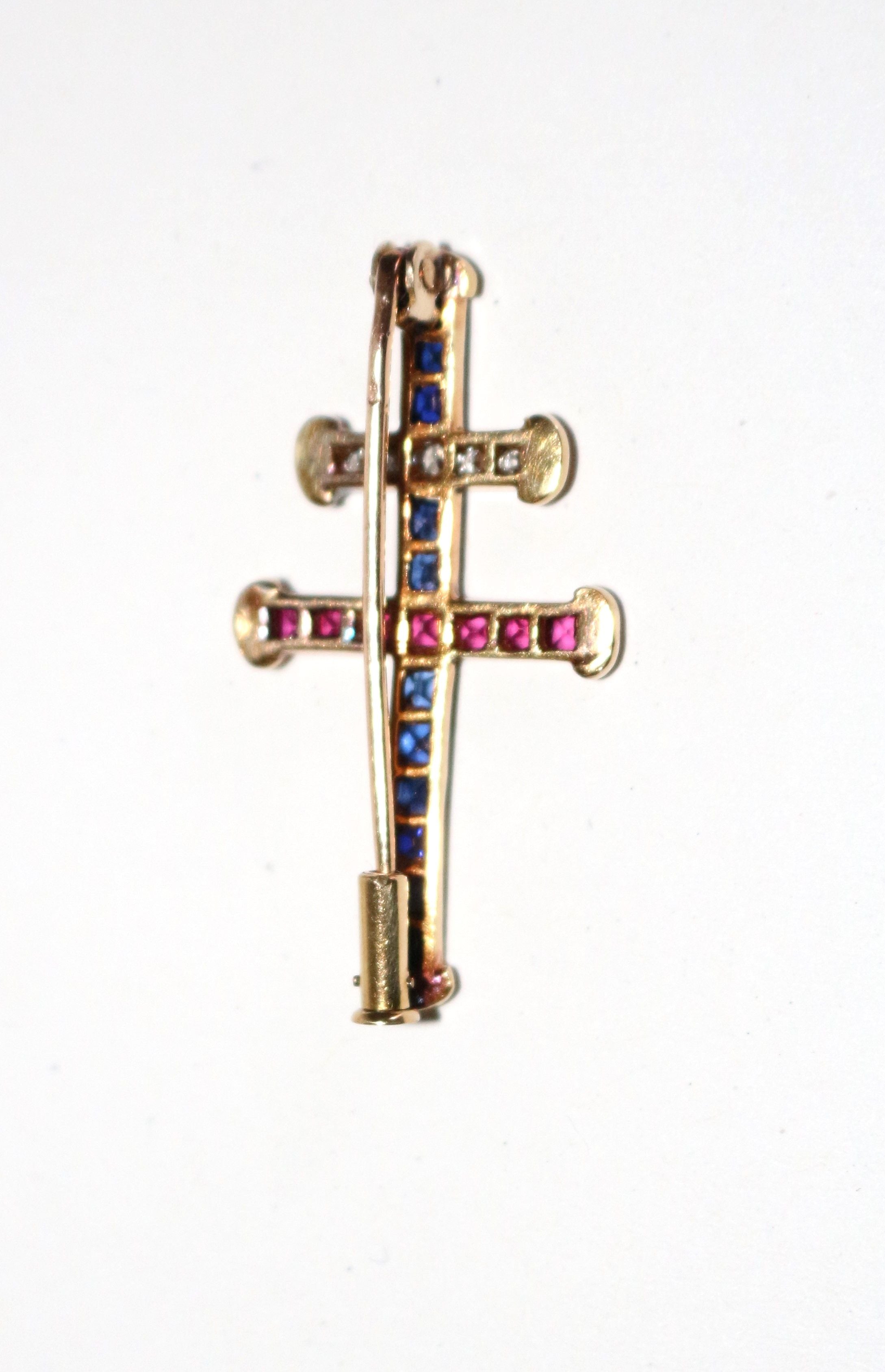Cross of Lorraine Ruby, Sapphire, Diamond Yellow Gold