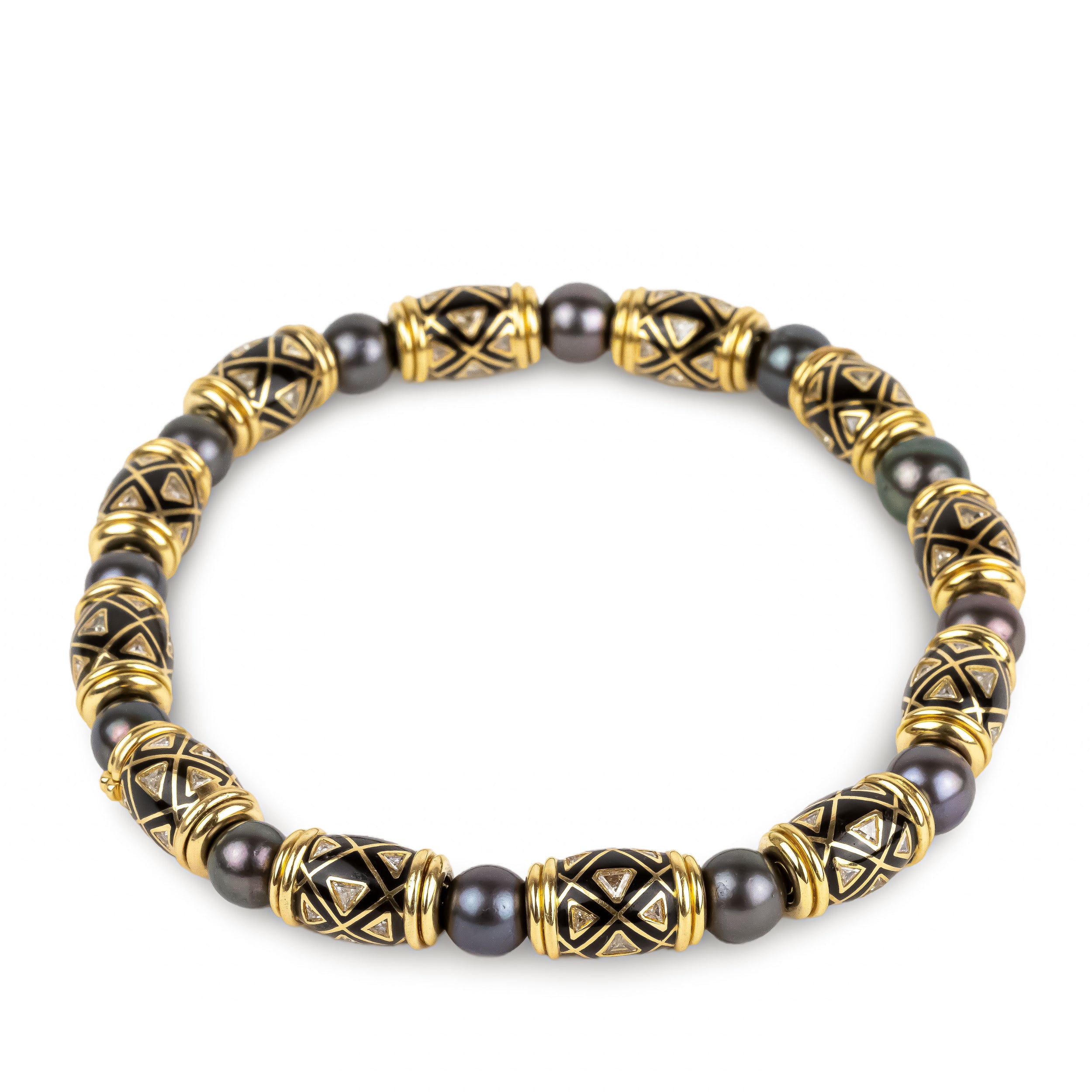 Collier VERNEY en or jaune, perles grises de Tahiti, émail et diamants