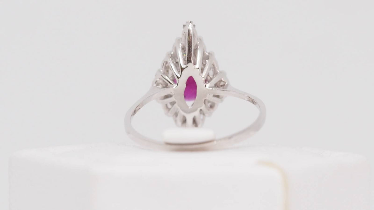 Marquise ring in white gold, rubies and diamonds 