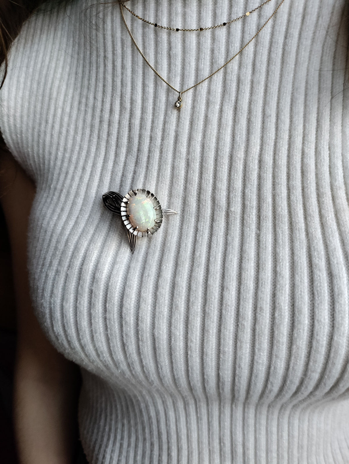 White Gold And White Opal Flower Brooch