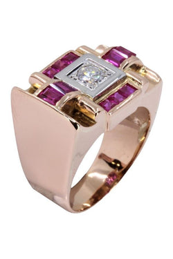 Tank ring in yellow gold and white gold, rubies and diamonds