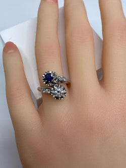 Bague en or 18 carats, toi et moi en diamants et Saphir