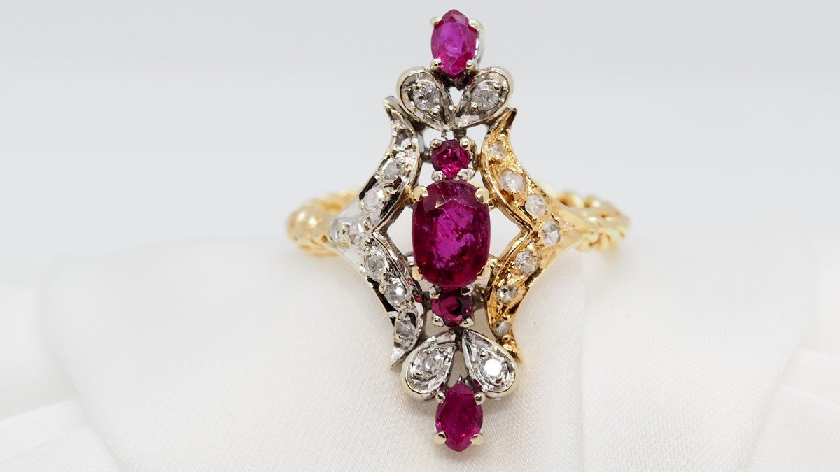 Marquise Ring In Two-tone Gold, Rubies And Diamonds