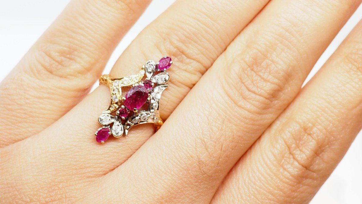 Marquise Ring In Two-tone Gold, Rubies And Diamonds