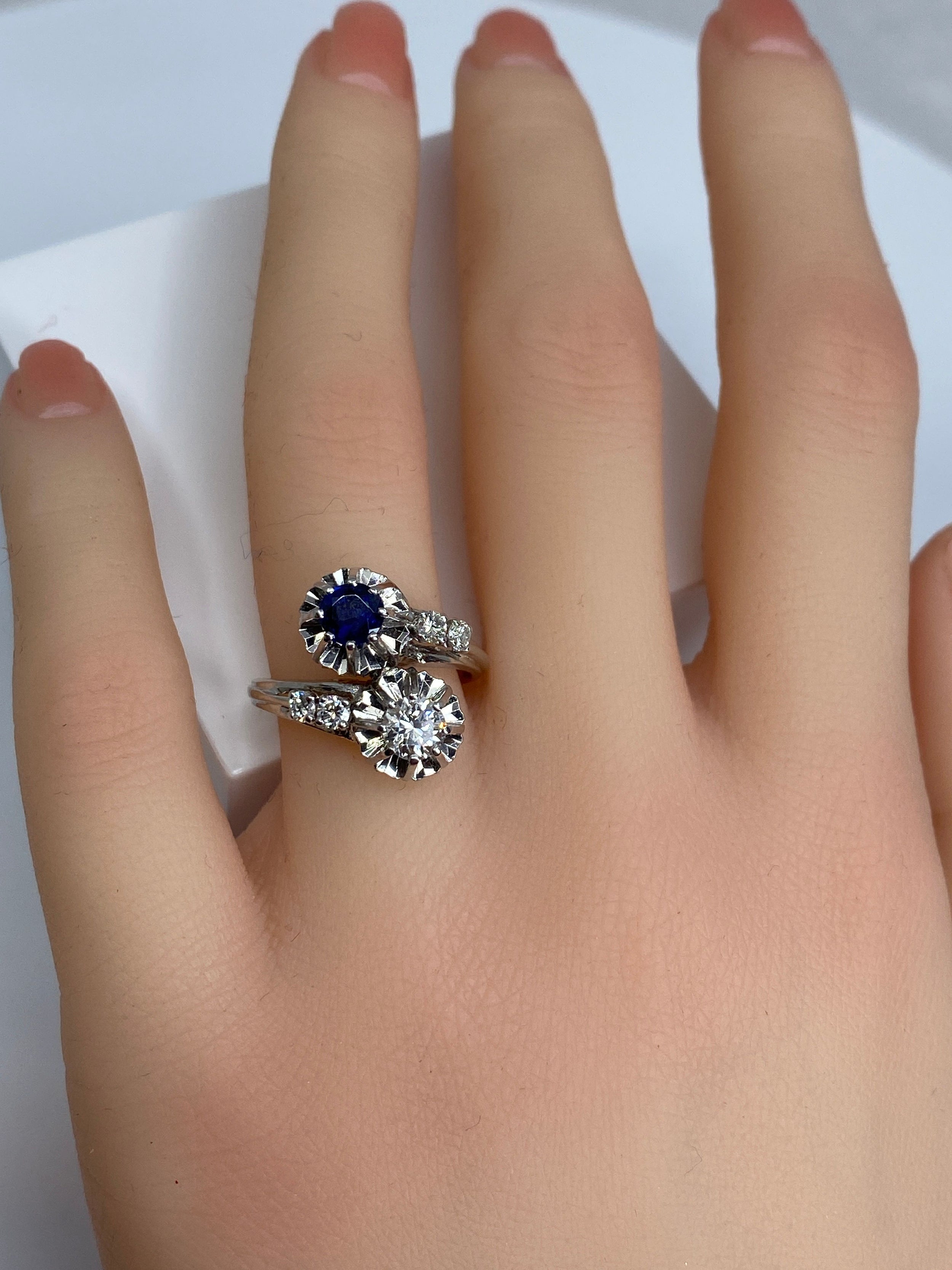 Bague en or 18 carats, toi et moi en diamants et Saphir