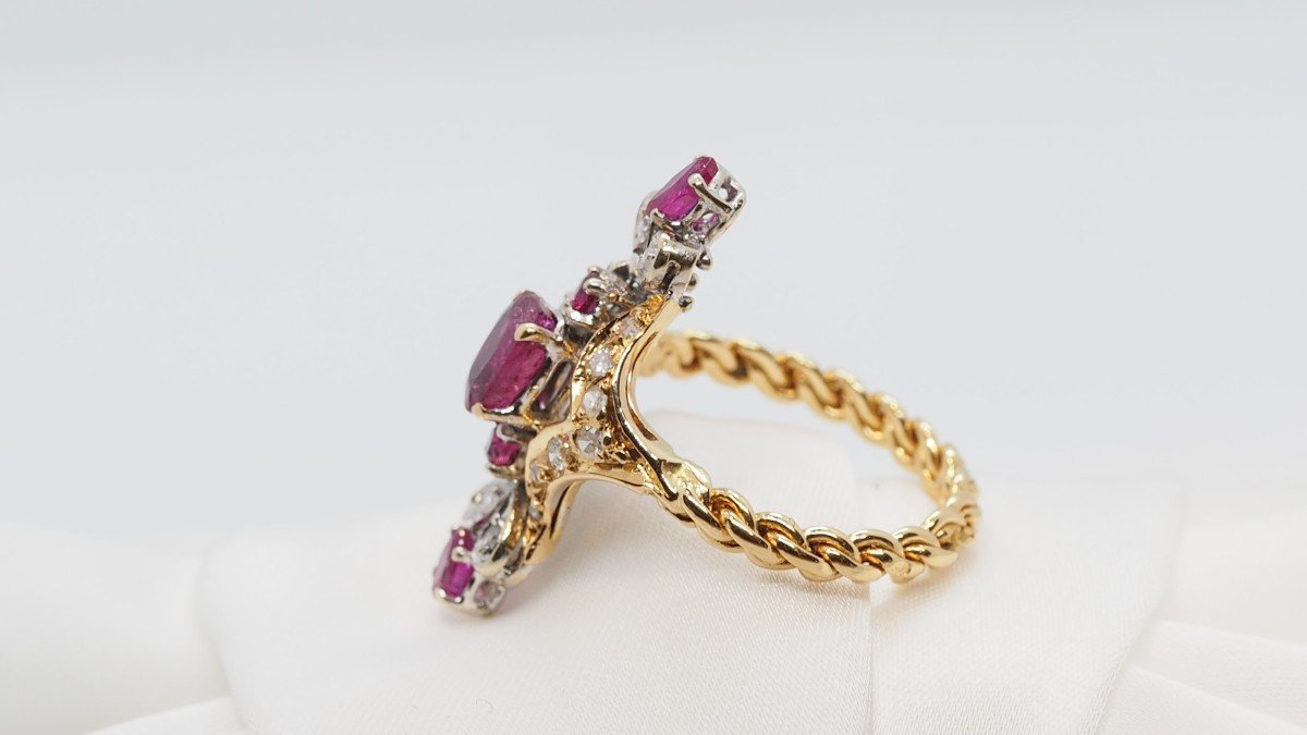 Marquise Ring In Two-tone Gold, Rubies And Diamonds