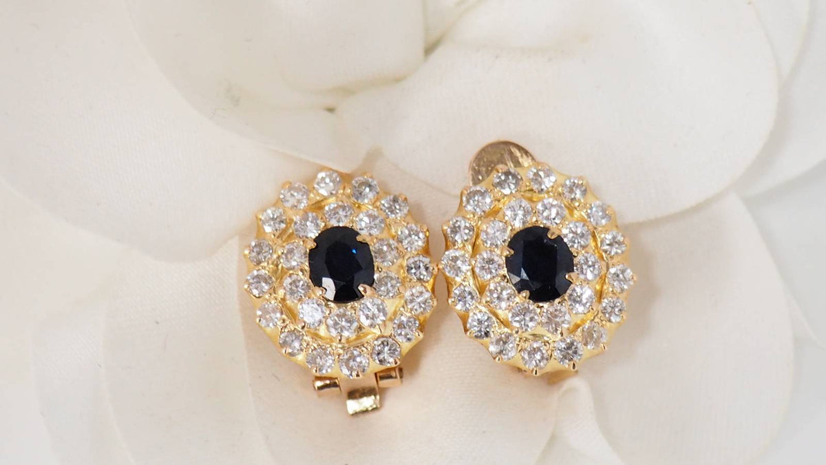 Yellow gold, sapphires and diamonds double-ring clip earrings