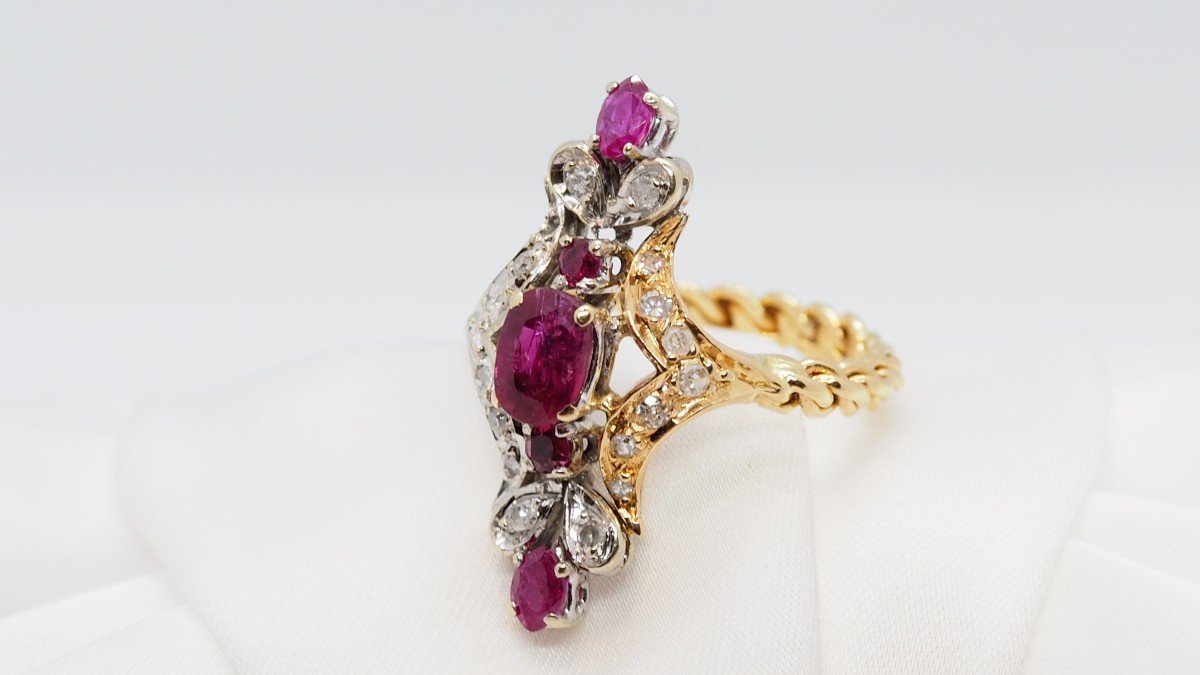 Marquise Ring In Two-tone Gold, Rubies And Diamonds